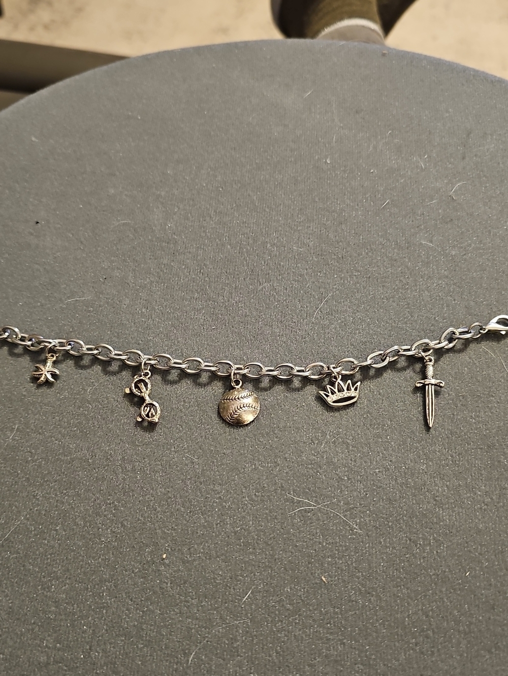 Sterling-Look Silver Charm Bracelet with Crown, Sword‎ & Sports Charms